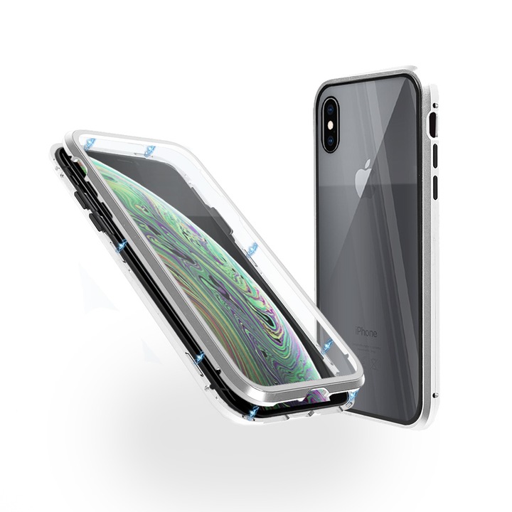 Магнитен 360° Kейс Fashion Case за iPhone XS Max, Стъкло отпред и отзад, 2 Стъкла, Сребрист