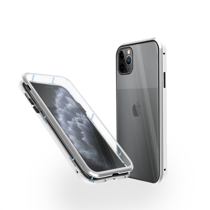 Алуминиев 360° Калъф за iPhone 11 Pro с предно и задно стъкло, Сребрист