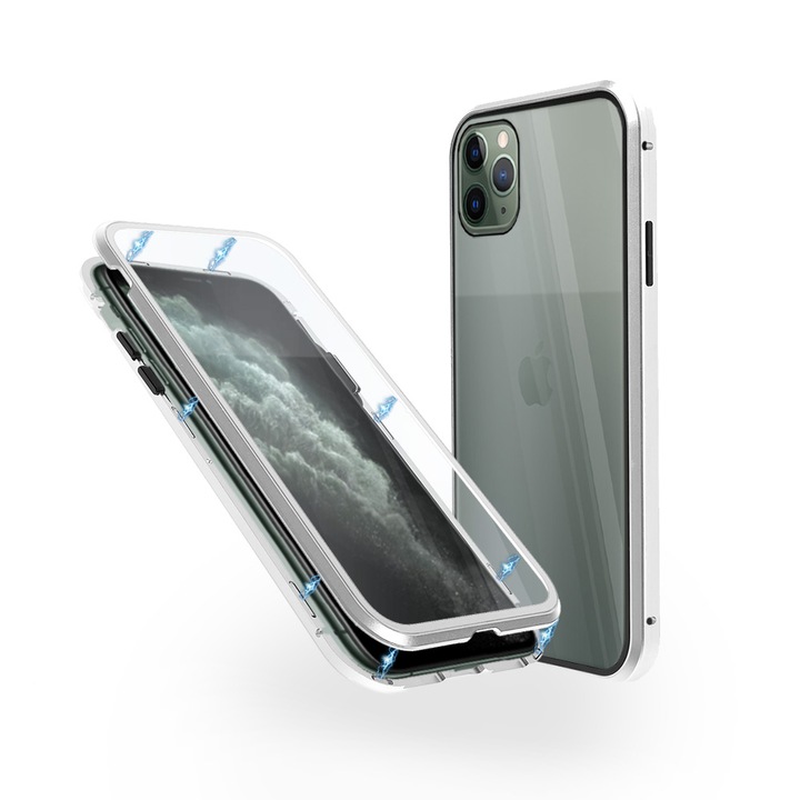 Алуминиев 360° Калъф за iPhone 11 Pro Max с предно и задно стъкло, Сребрист