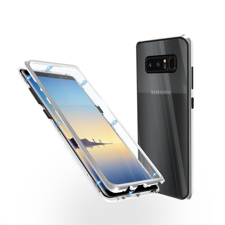 Магнитен 360° Kейс Fashion Case за Samsung Note 8, Стъкло отпред и отзад, 2 Стъкла, Сребрист