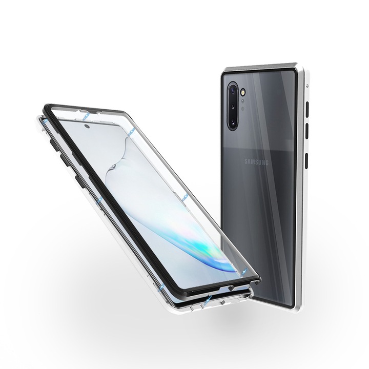 Магнитен 360° Kейс Fashion Case за Samsung Note 10, Стъкло отпред и отзад, 2 Стъкла, Сребрист