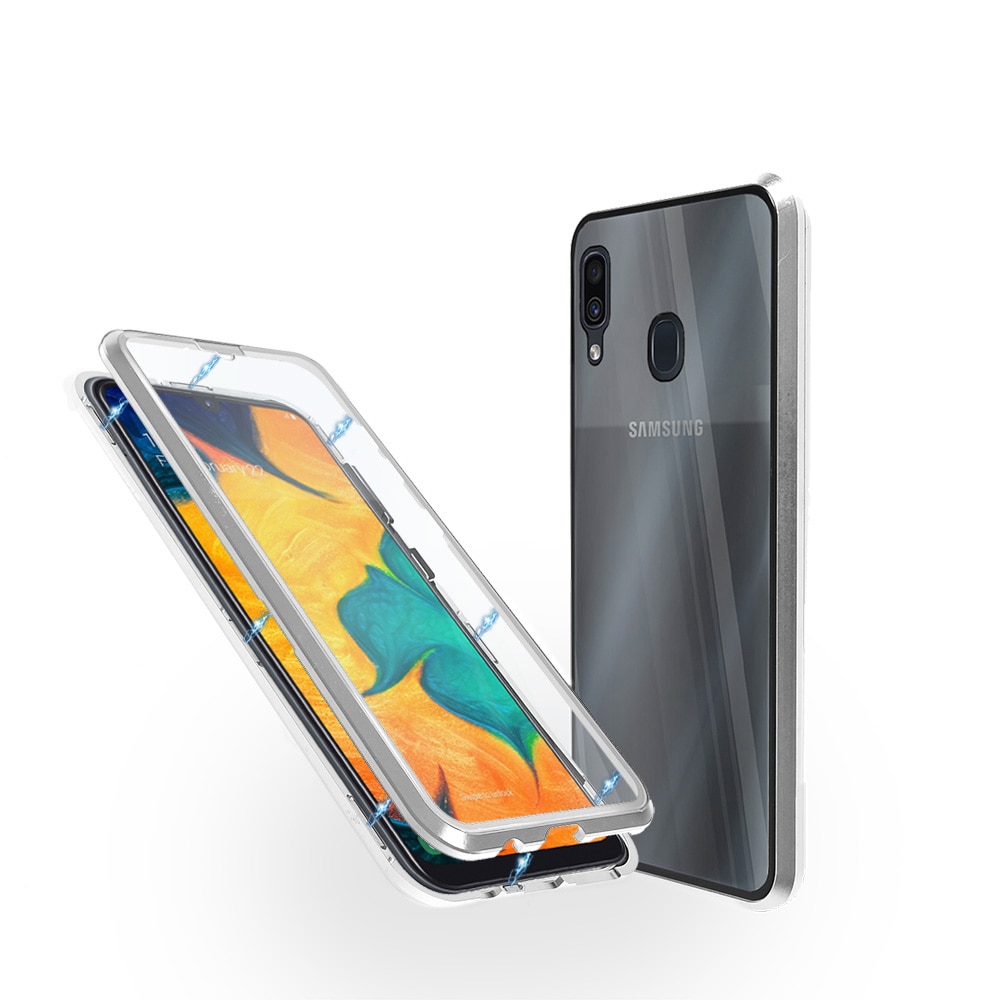 Carcasa magnetica pentru Samsung A30, Sticla, 360 °, Argintiu