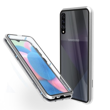 Carcasa magnetica pentru Samsung A30S Sticla, 360 °, Argintiu Carcasa magnetica pentru Samsung A30S Sticla, 360 °, Argintiu