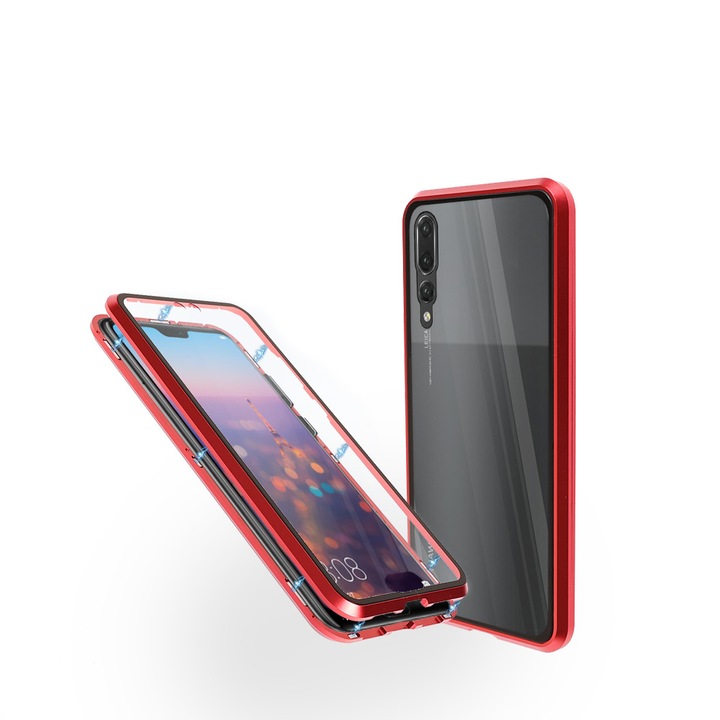 Алуминиев 360-градусов кейс Fashion Case за Huawei P20 Pro, Магнитен, 2 Стъкла, Червен