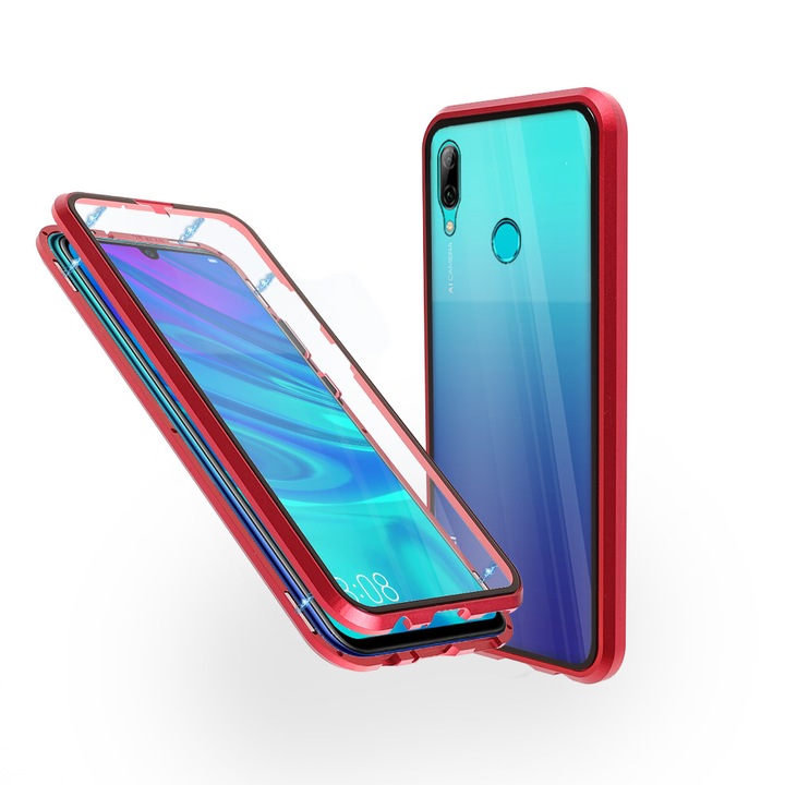 Магнитен 360° Kейс Fashion Case за Huawei P Smart (2019), Стъкло отпред и отзад, 2 Стъкла, Червен