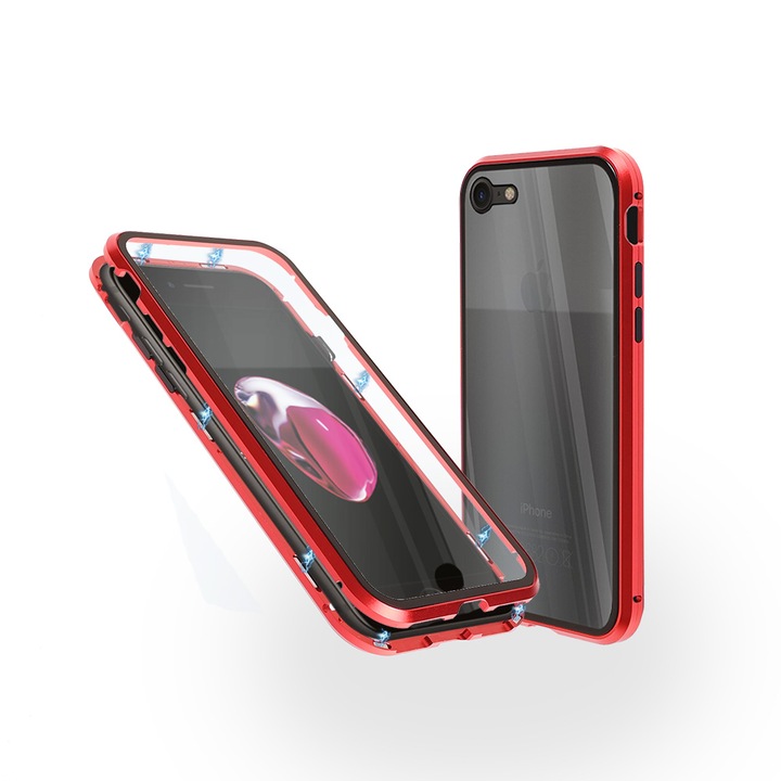 Магнитен 360° Kейс Fashion Case за iPhone 7, Стъкло отпред и отзад, 2 Стъкла, Червен