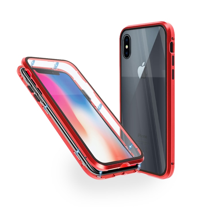 Магнитен 360° Kейс Fashion Case за iPhone X, Стъкло отпред и отзад, 2 Стъкла, Червен