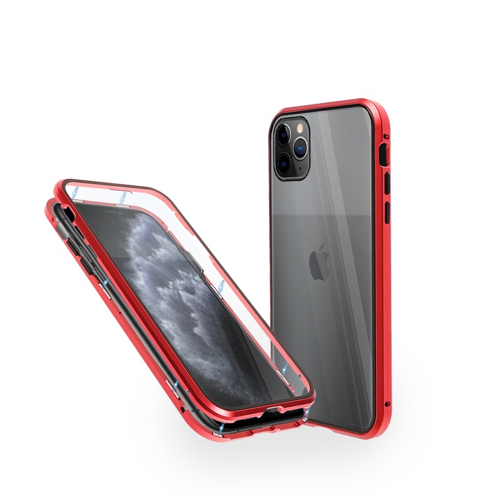 Магнитен 360° Кейс LUPHIE за iPhone 11 Pro, Предно и Задно Стъкло, Червен