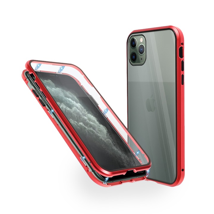 Алуминиев 360° Калъф за iPhone 11 Pro Max с предно и задно стъкло, Червен