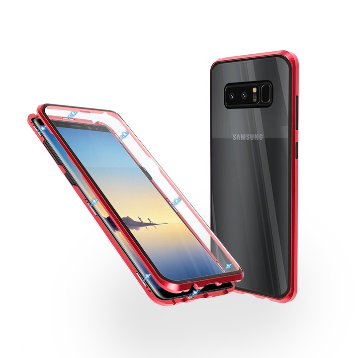 Алуминиев 360-градусов кейс Fashion Case за Samsung Note 8, Магнитен, 2 Стъкла, Червен