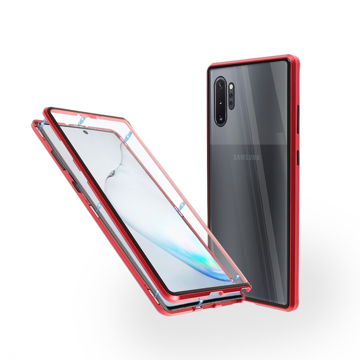Магнитен 360° Kейс Fashion Case за Samsung Note 10 Plus, Стъкло отпред и отзад, 2 Стъкла, Червен