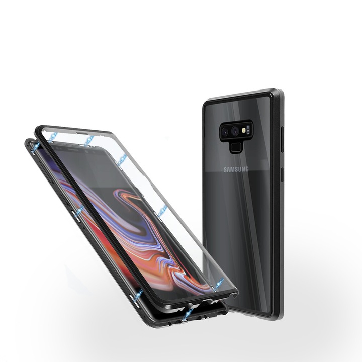 Алуминиев 360-градусов кейс Fashion Case за Samsung Note 9, Магнитен, 2 Стъкла, Черен