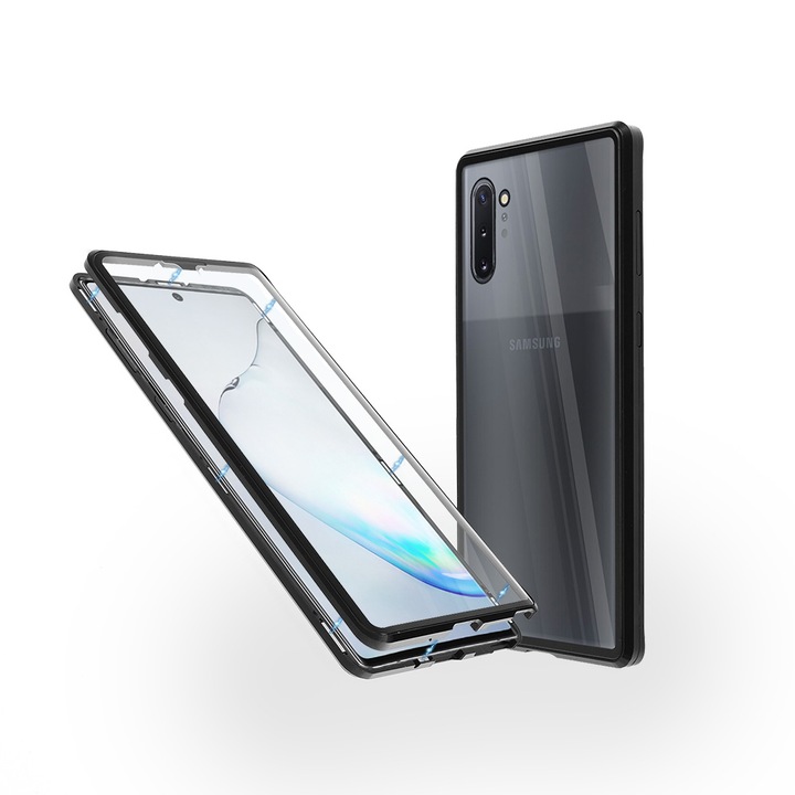 Магнитен 360° Kейс Fashion Case за Samsung Note 10, Стъкло отпред и отзад, 2 Стъкла, Черен