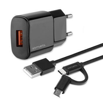 Set de alimentare de retea si cablu de calitate cu impletitura textila puternica pentru standardele microUSB si USB-C 150 cm, 4smarts Fast Wall Charger VoltPlug QC3.0 18W ComboCord, negru Set de alimentare de retea si cablu de calitate cu impletitura textila puternica pentru standardele microUSB si USB-C 150 cm, 4smarts Fast Wall Charger VoltPlug QC3.0 18W ComboCord, negru