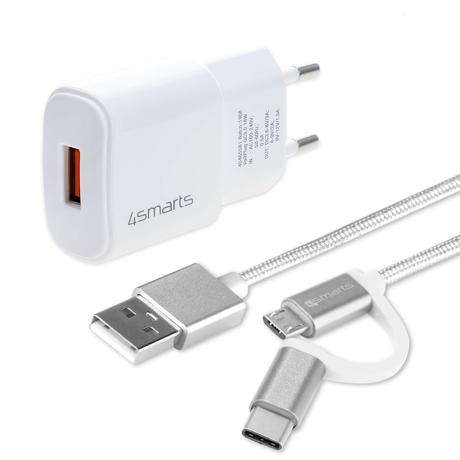Set de alimentare de retea si cablu de calitate cu impletitura textila puternica pentru standardele microUSB si USB-C 150 cm, 4smarts Fast Wall Charger VoltPlug QC3.0 18W ComboCord, alb