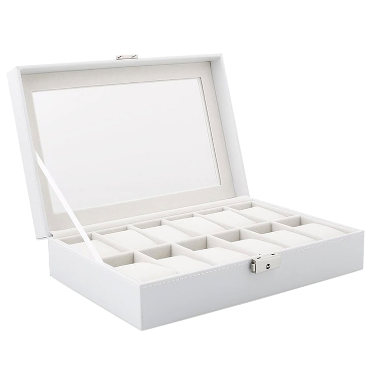 Cutie caseta eleganta depozitare cu compartimente pentru 12 ceasuri, model Pufo Premium cu cheita, alb