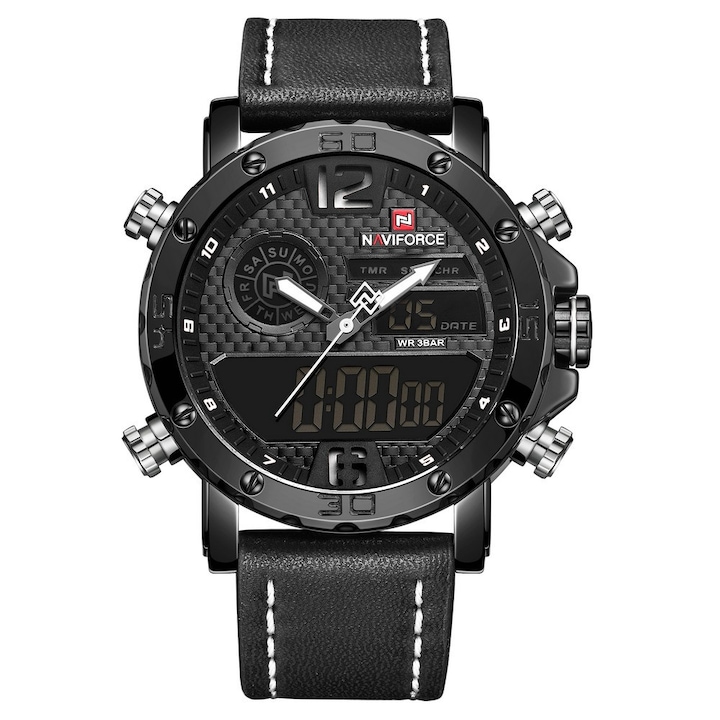 Мъжки часовник NaviForce Evection, Кожа, Хронограф, Двойно време, Черен / Бял