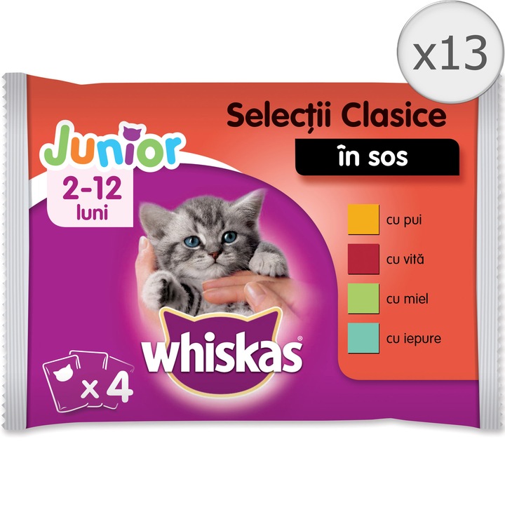 Hrana umeda pentru pisici Whiskas Junior Selectii, Pui, Vita, Miel, Iepure, 13 x 4 x 100 g