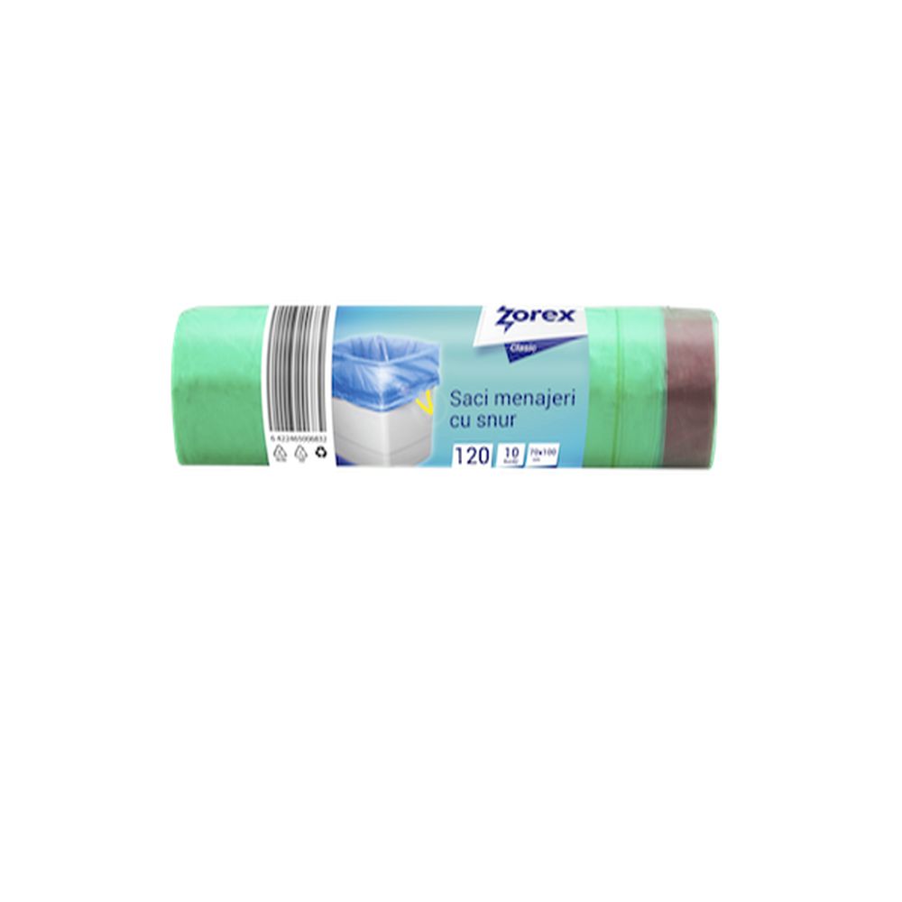 Saci Menajeri cu Snur Zorex Clasic, 70x100 cm, Capacitate 120L, 10 Buc/Rola, Culoare Verde, Articole Curatenie, Saci Menaj, Saci de Gunoi, Saci Menajeri 120L