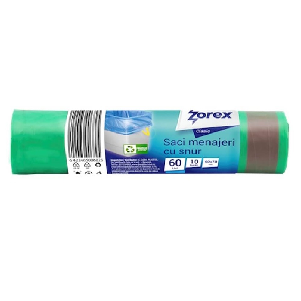 Saci Menajeri cu Snur Zorex Clasic, 60x70 cm, Capacitate 60L, 10 Buc/Rola, Culoare Verde, Articole Curatenie, Saci Menaj, Saci de Gunoi, Saci Menajeri 60L