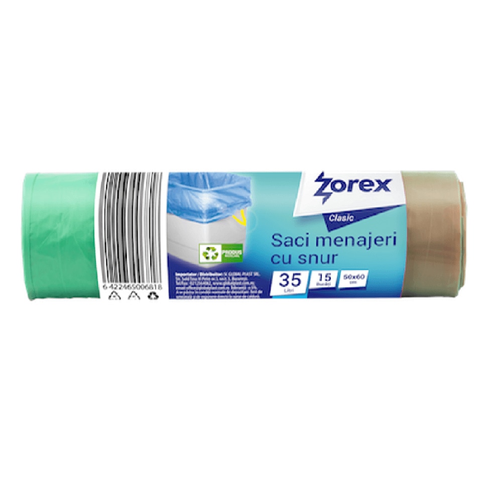 Saci Menajeri cu Snur Zorex Clasic, Capacitate 35L, 50x60 cm,15 Buc/Rola, Culoare Verde