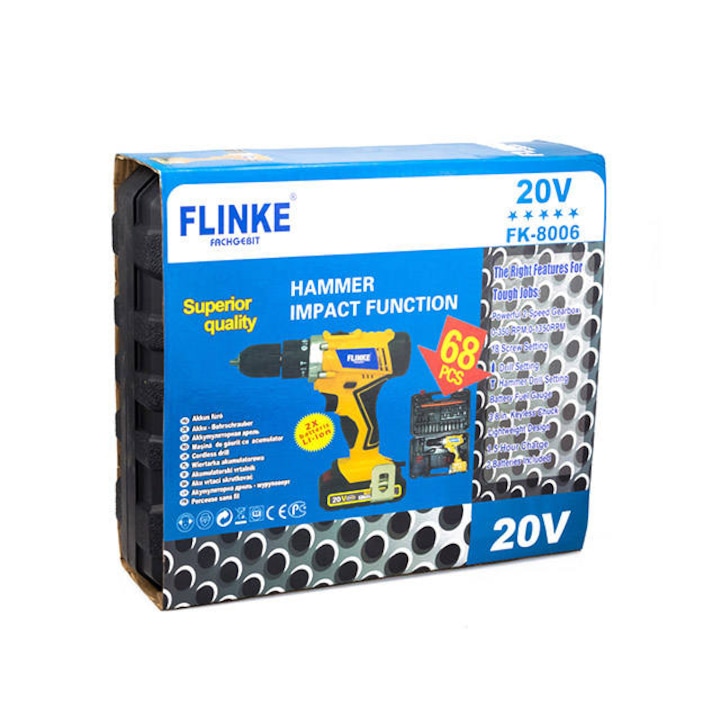 Flinke Hammer Impact akkumulátoros ütvefúró szett 2 db akkumulátorral 20v-s erősített motorral (FKK-8006) 68 részes fúró csavarozó szett praktikus kofferban