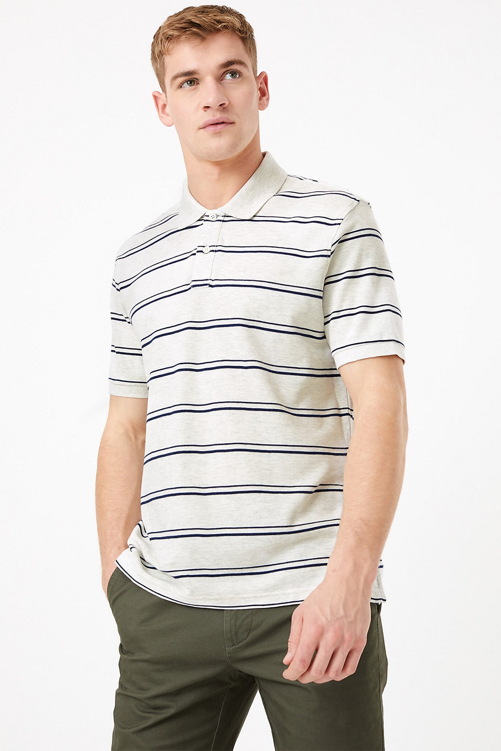 Marks & Spencer, Tricou polo cu model in dungi T28, Alb prafuit, S