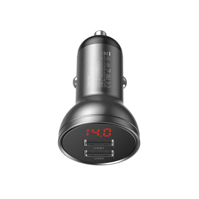 Incarcator Auto Premium Baseus Digital Display, Dual Usb 4.8a , 24w ,2 Iesiri Gri
