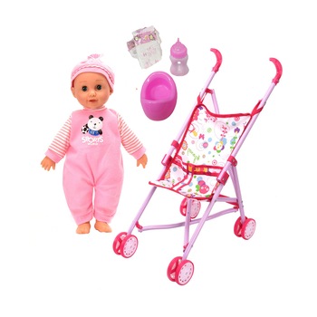 Carucior cu Papusa Bebelus, cu Biberon, Scutece si Olita, Jucarie pentru bebelusi Roz AK6529 Carucior cu Papusa Bebelus, cu Biberon, Scutece si Olita, Jucarie pentru bebelusi Roz AK6529