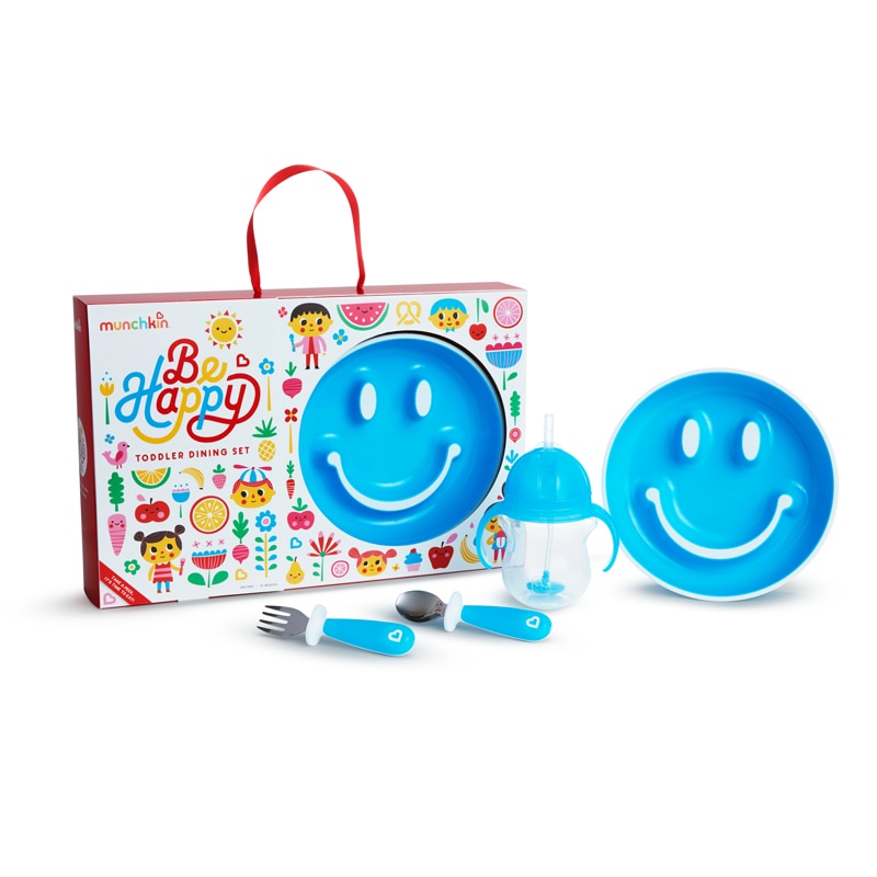 Set pentru Servit Masa, Munchkin Be Happy, 4 Piese, Cana cu Pai 207 ml, Castron cu Baza Antiderapanta Smiley Face si Tacamuri, Albastru
