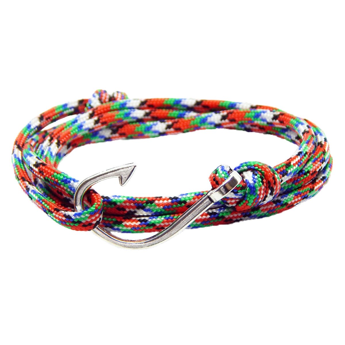 Bratara reglabila din snur paracord multicolor, preponderent rosu si inchizatoare Hook
