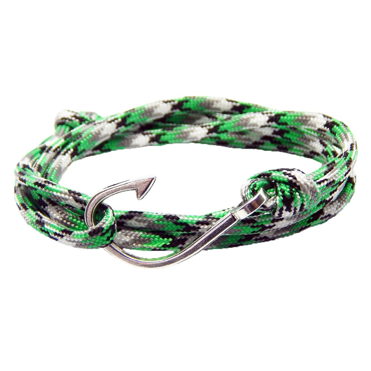 Bratara reglabila din snur paracord multicolor, preponderent verde si inchizatoare Hook