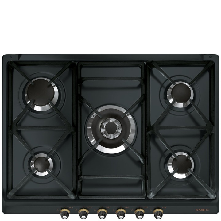 Plita incorporabila Smeg SR775AO, Gaz natural, 5 Zone gatit, 68,5 cm, Arzator ultrarapid, Antracit/Negru/Cupru