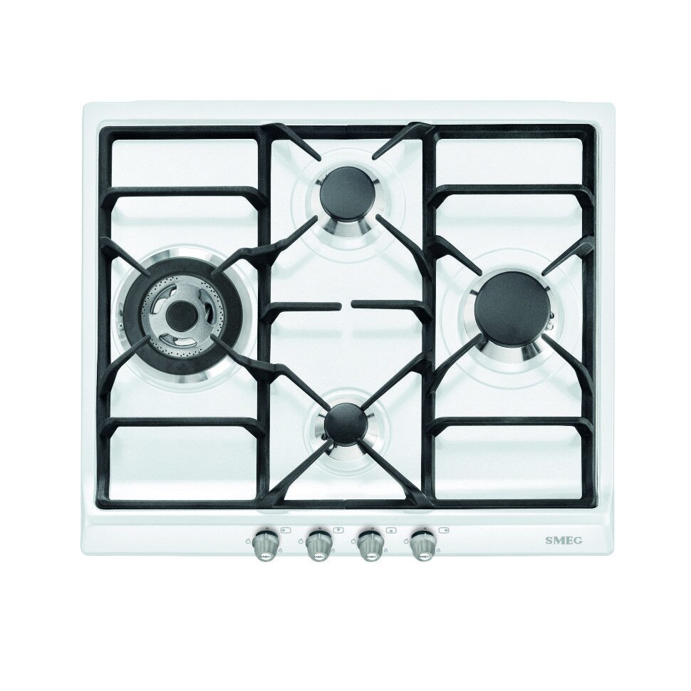 Plita incorporabila Smeg SR764BS, Gaz natural, 4 Zone gatit, 60 cm, Arzator ultrarapid, Alb/Negru/Argintiu