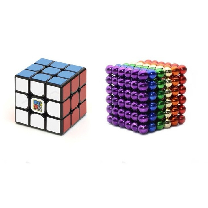 Set Joc de indemanare, 216 bile magnetice, Multicolor, 5 mm si Cub Rubik 3x3x3 MoYu , Picodino®