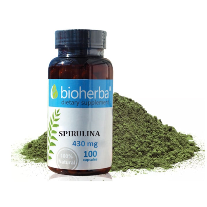Supliment nutritiv Bioherba, Spirulina 430 Mg, Imbunatatirea digestiei si intarirea sistemului imunitar, 100 capsule