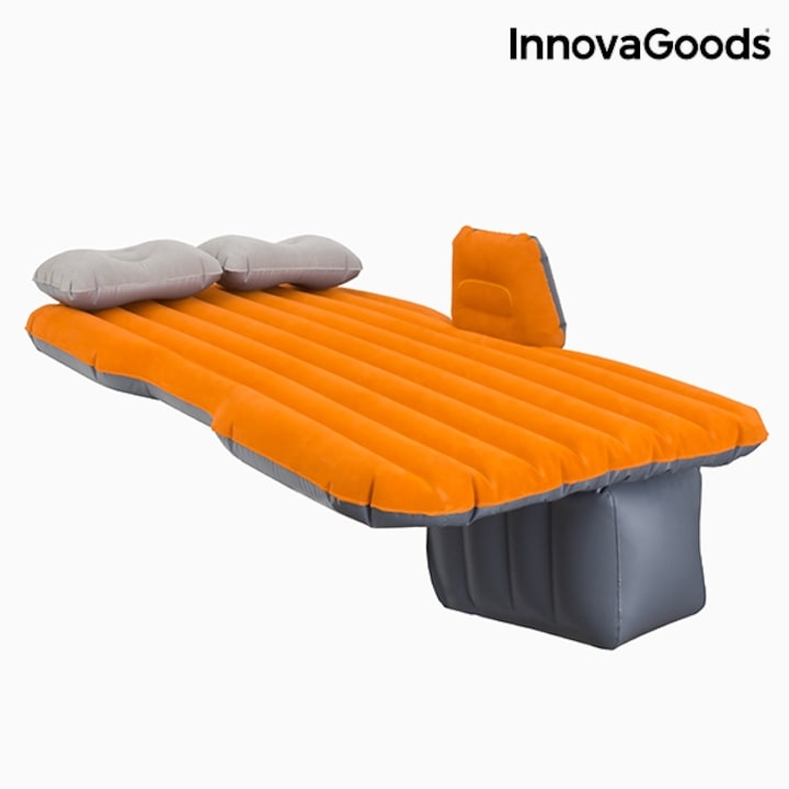 Надуваемо легло за пътуване с 2 възглавници InnovaGoods, PVC, Ремонтен комплект, Подходящ за всяка кола, 12 V - 2 A, Сив/Оранжев