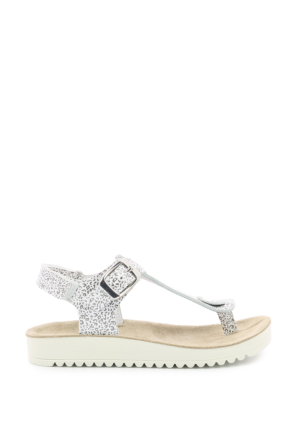 Kickers kids, Sandale de piele cu bareta separatoare si animal print, Gri/Alb, 29 EU