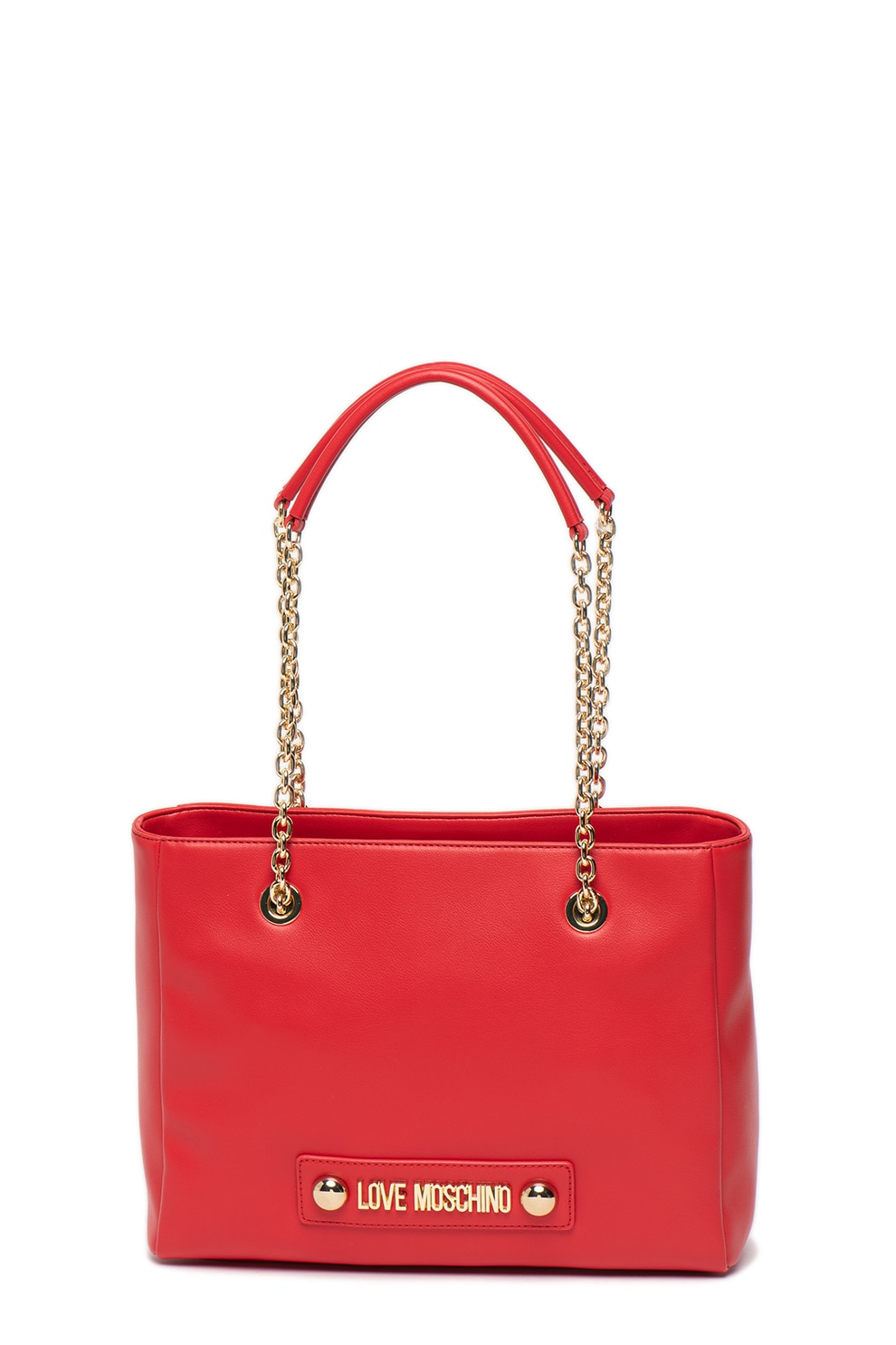 Love Moschino, Geanta din piele ecologica, cu bareta de umar si logo, Rosu/Auriu