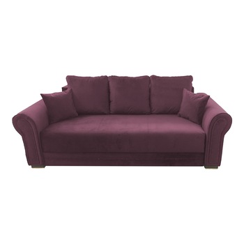 Canapea extensibila Alexandra, MobAmbient, Violet, material textil, extensie 140 cm din plasa de arcuri tip relaxa, lada de depozitare, 3 perne mari si 2 perne mici incluse, 240 x 140 cm Canapea extensibila Alexandra, MobAmbient, Violet, material textil, extensie 140 cm din plasa de arcuri tip relaxa, lada de depozitare, 3 perne mari si 2 perne mici incluse, 240 x 140 cm