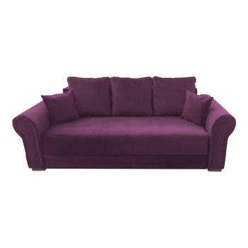 Canapea extensibila Alexandra, MobAmbient, Mov, material textil, extensie 140 cm din plasa de arcuri tip relaxa, lada de depozitare, 3 perne mari si 2 perne mici incluse, 240 x 140 cm Canapea extensibila Alexandra, MobAmbient, Mov, material textil, extensie 140 cm din plasa de arcuri tip relaxa, lada de depozitare, 3 perne mari si 2 perne mici incluse, 240 x 140 cm