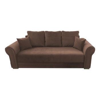 Canapea extensibila Alexandra, MobAmbient, Maro Wenge, material textil, extensie 140 cm din plasa de arcuri tip relaxa, lada de depozitare, 3 perne mari si 2 perne mici incluse, 240 x 140 cm Canapea extensibila Alexandra, MobAmbient, Maro Wenge, material textil, extensie 140 cm din plasa de arcuri tip relaxa, lada de depozitare, 3 perne mari si 2 perne mici incluse, 240 x 140 cm