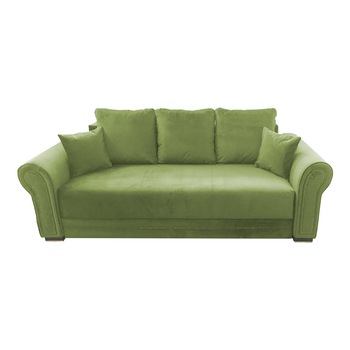 Canapea extensibila Alexandra, MobAmbient, Verde Deschis, material textil, extensie 140 cm din plasa de arcuri tip relaxa, lada de depozitare, 3 perne mari si 2 perne mici incluse, 240 x 140 cm Canapea extensibila Alexandra, MobAmbient, Verde Deschis, material textil, extensie 140 cm din plasa de arcuri tip relaxa, lada de depozitare, 3 perne mari si 2 perne mici incluse, 240 x 140 cm
