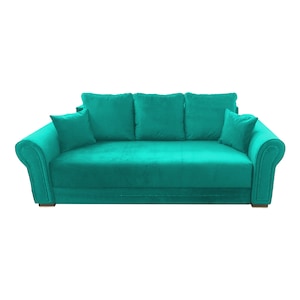 Canapea extensibila Alexandra, MobAmbient, Verde Smarald, material textil, extensie 140 cm din plasa de arcuri tip relaxa, lada de depozitare, 3 perne mari si 2 perne mici incluse, 240 x 140 cm