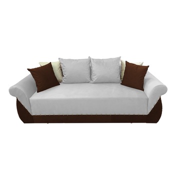 Canapea extensibila Royal, MobAmbient, Alb cu Maro, material textil, extensie 150 cm din plasa de arcuri tip relaxa, lada de depozitare, 2 perne mari si 4 perne mici incluse, 240 x 150 cm Canapea extensibila Royal, MobAmbient, Alb cu Maro, material textil, extensie 150 cm din plasa de arcuri tip relaxa, lada de depozitare, 2 perne mari si 4 perne mici incluse, 240 x 150 cm