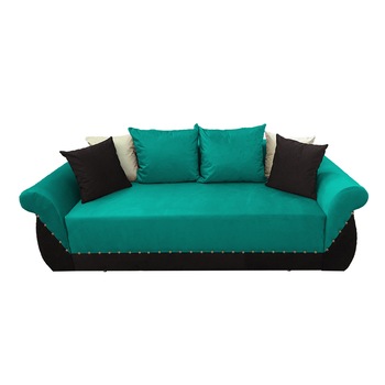 Canapea extensibila Royal, MobAmbient, Turquoise cu Negru, material textil, extensie 150 cm din plasa de arcuri tip relaxa, lada de depozitare, 2 perne mari si 4 perne mici incluse, 240 x 150 cm Canapea extensibila Royal, MobAmbient, Turquoise cu Negru, material textil, extensie 150 cm din plasa de arcuri tip relaxa, lada de depozitare, 2 perne mari si 4 perne mici incluse, 240 x 150 cm
