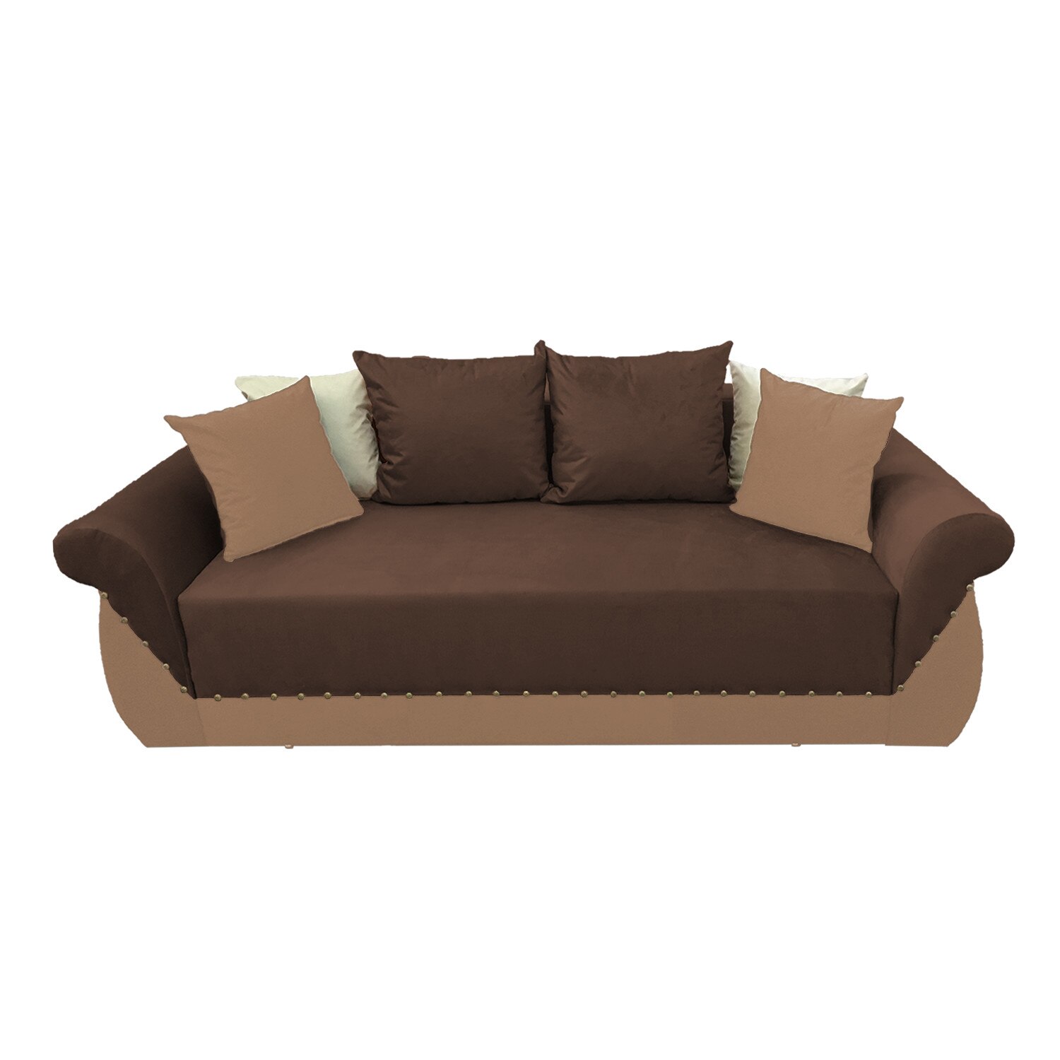 Canapea extensibila Royal, MobAmbient, Maro cu Cappuccino, material textil, extensie 150 cm din plasa de arcuri tip relaxa, lada de depozitare, 2 perne mari si 4 perne mici incluse, 240 x 150 cm