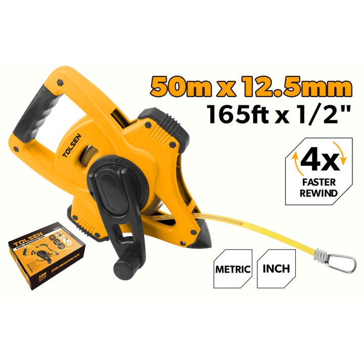 Ruleta cu varf TOLSEN Industrial 50m x 12.5mm, banda otel cu dublu marcaj metri/inch, sistem retragere 4:1, carcasa ABS si maner ergonomic, ideala pentru masuratori in santier si constructii