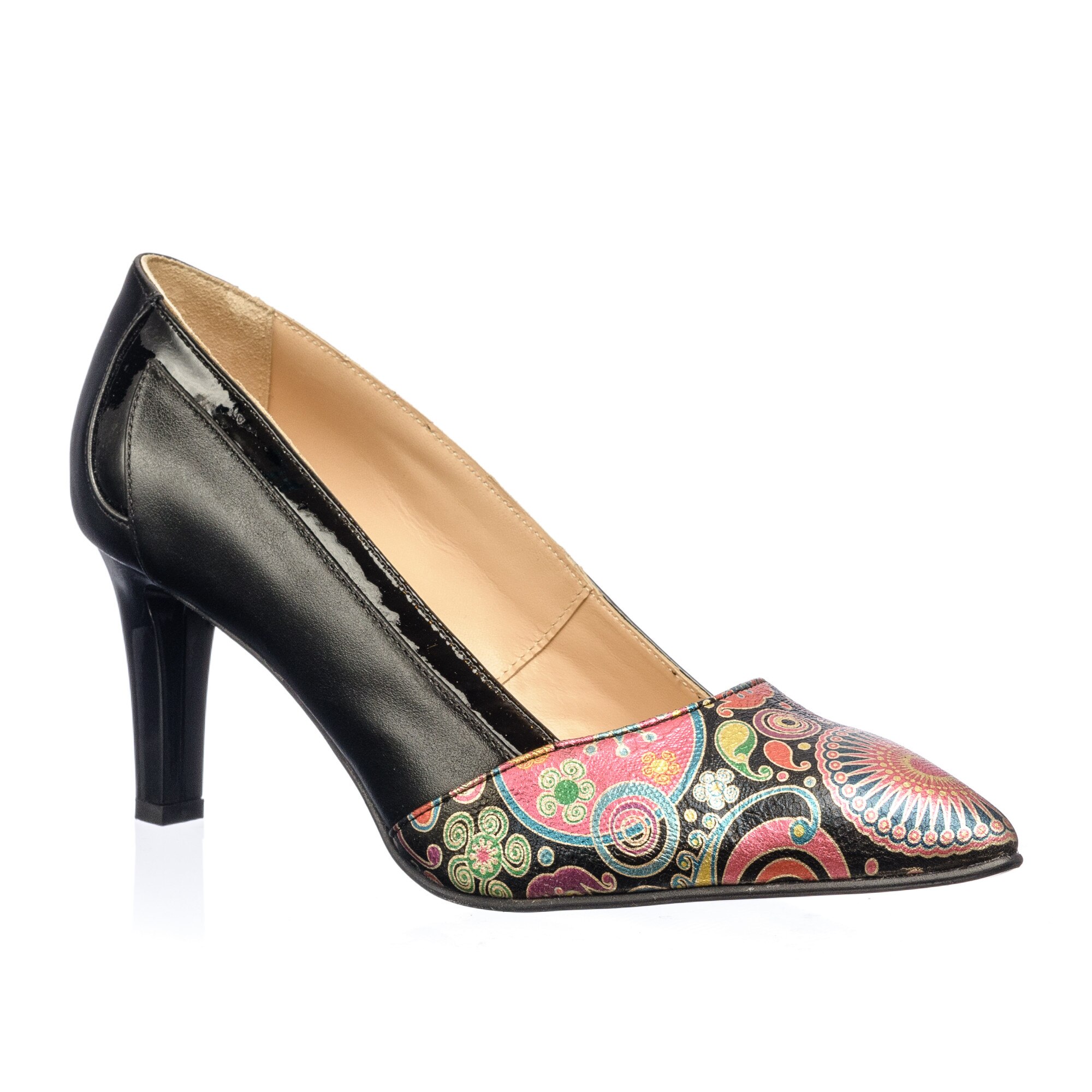 Pantofi dama din piele naturala - Negru Pauni + Lac - A10 NPL