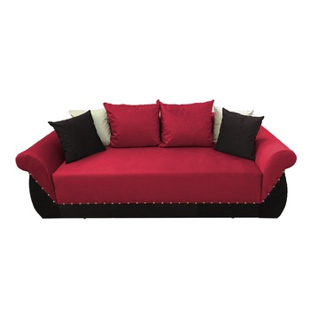 Canapea extensibila Royal, MobAmbient, Rosu cu Negru, material textil, extensie 150 cm din plasa de arcuri tip relaxa, lada de depozitare, 2 perne mari si 4 perne mici incluse, 240 x 150 cm Canapea extensibila Royal, MobAmbient, Rosu cu Negru, material textil, extensie 150 cm din plasa de arcuri tip relaxa, lada de depozitare, 2 perne mari si 4 perne mici incluse, 240 x 150 cm
